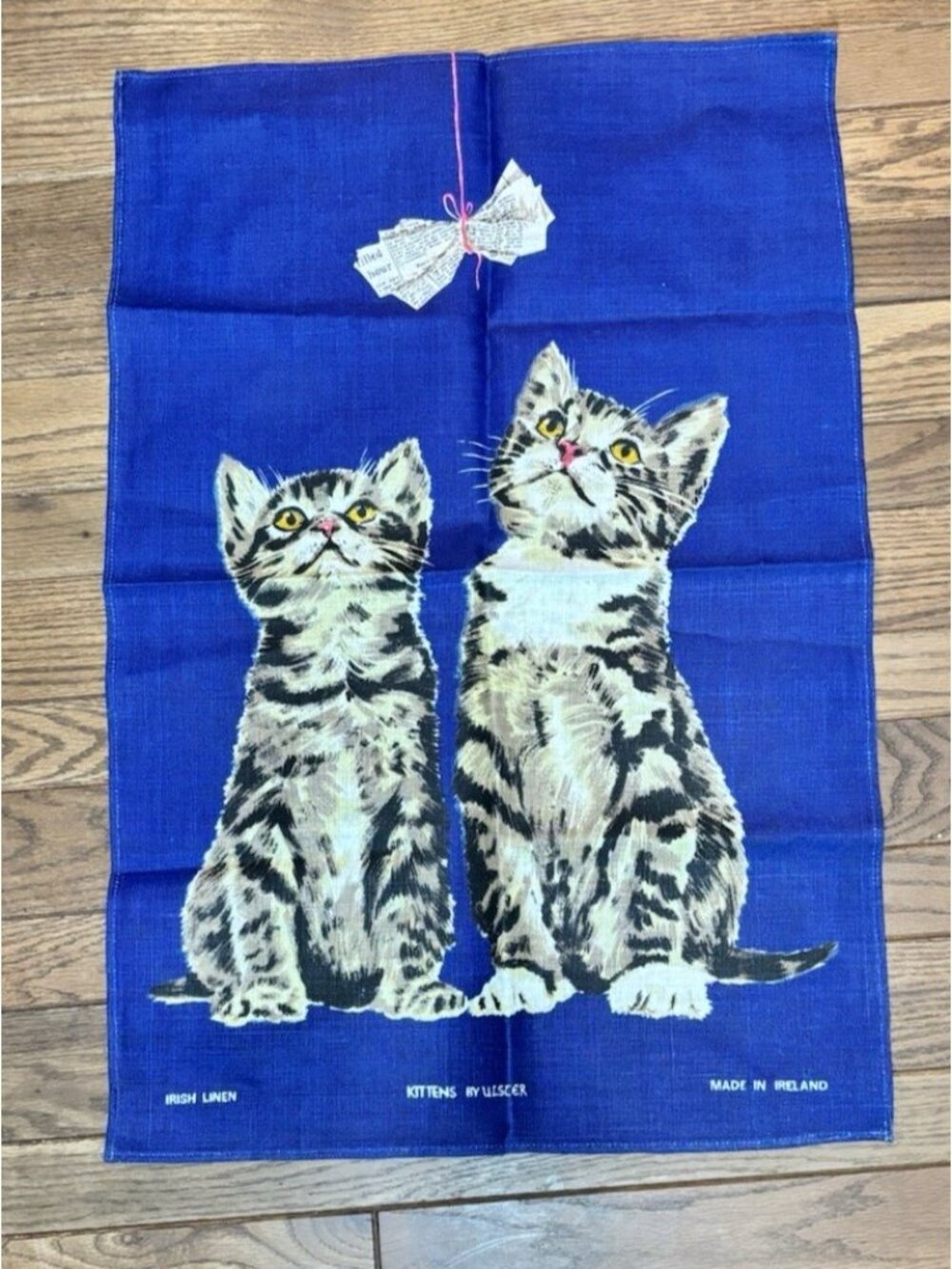 Vintage Mid Century Ulster Pure Irish Linen Tea Towel Cat Kittens Playing Blue